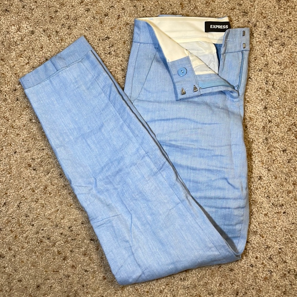 Express Blue Linen Columnist Ankle Mid Rise Pants